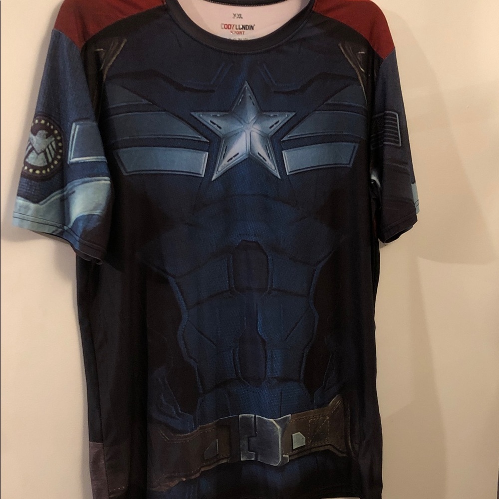 Captain America Inspired Athletic Tee - Navy Blue with Red Accents